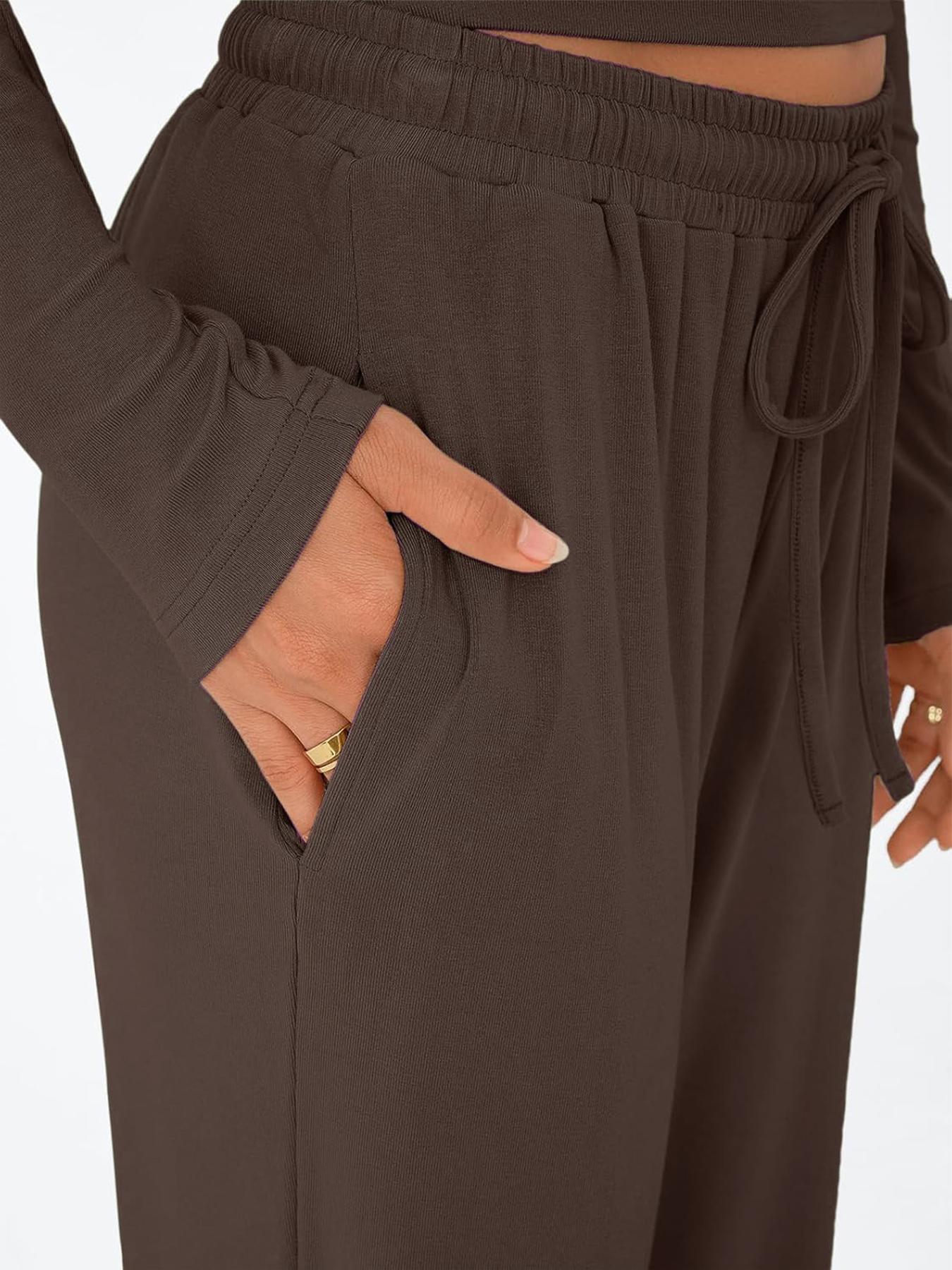 Women's 2 Piece Matching Lounge Set, Long Sleeve Slightly Crop Top & Wide Leg Pants, Casual Workout Set for Comfortable Wear