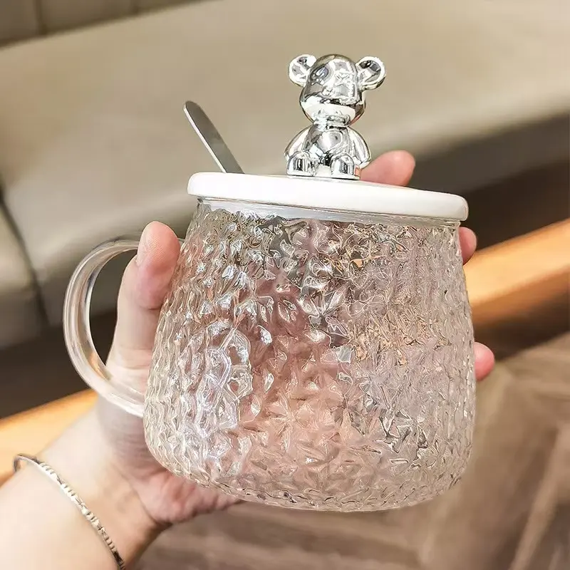 1 small bear cup with handle, glass cup with spoon, household mug, coffee cup, summer water cup