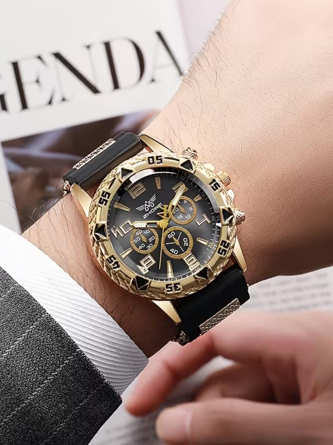 8pcs Men's Gold Watch Set, Fashion Quartz Watches, Vintage Necklace Ring Bracelet Set, Jewelry Sets, Perfect Gift for Him