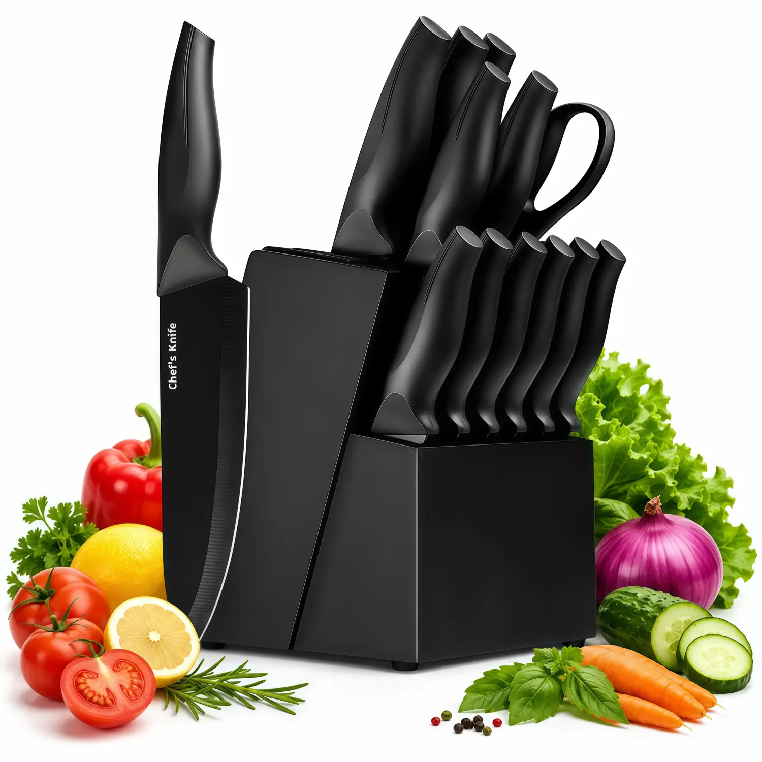 XANAPON 14-Knife Variety Kitchen Set, High-Carbon Stainless Steel Steak Knives with Laser-Cut Scratch-Resistant, Anti-Fouling & Anti-Rust Blades, Ergonomic Full Handles, Plastic-Wood Block, Black Dishwasher-Safe Household Home Goods Kitchenware