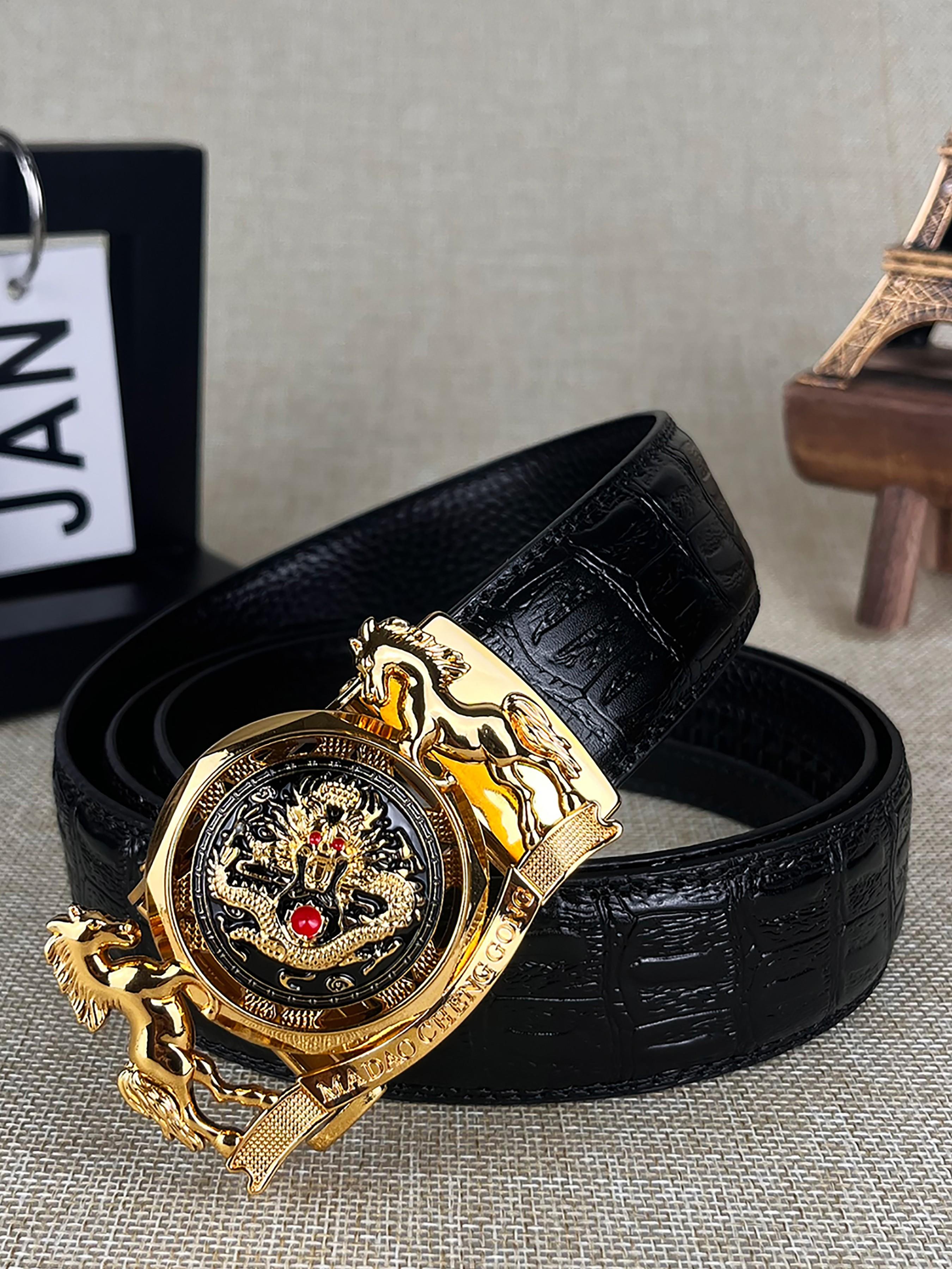 Men's and Women's Twin Horse Relief Design, Dragon Pattern Alloy Automatic Buckle Belt, Trendy and Fashionable, Novel, 1.38in/3.5cm Wide Ratcheting Belt, Gold Metal Decorated Buckle Belt, Christmas Gift, Valentine's Day Gift.