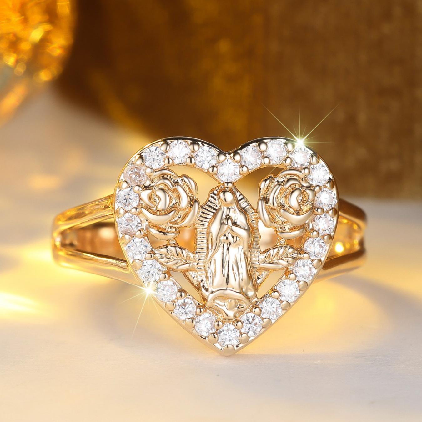 Heart-Shaped Imitation Diamond Ring, Open Adjustable Ring Prayer Christian Jewelry Men And Women, good gloss,smooth surface and comfortable to wear, Fashionable & Elegant, gift for Mother's Day, birthdays, Valentine's Day, anniversaries, Golden