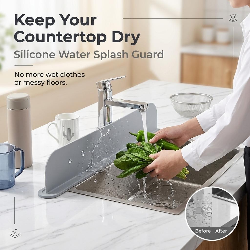 Silicone Sink Splash Guard, Self-Adhesive Drill-Free Water Barrier, Flexible Guard to Keep Countertops Dry, Reusable for Kitchen and Bathroom Washing
