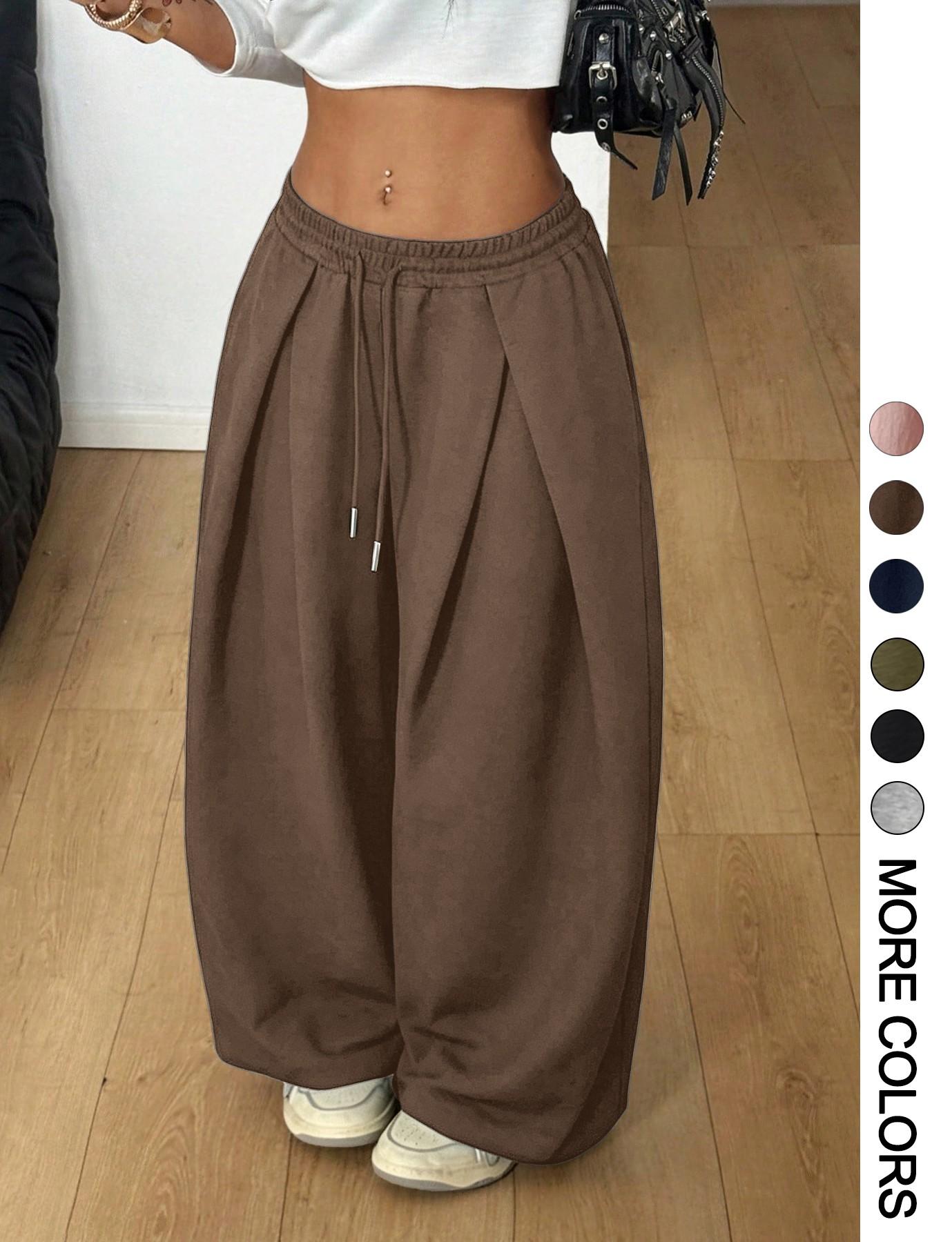 Women Elastic Waist Cuffed Jogger Pants, High Waist Baggy Wide Leg Sweatpants With Drawstring Ankle, Casual Streetwear for Lounging Daily Going Out