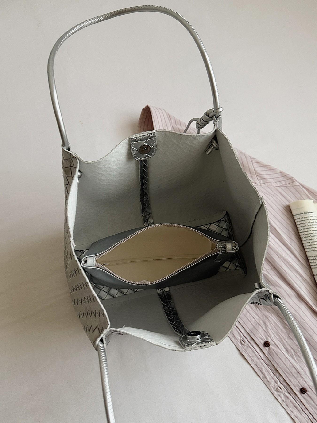 1pc Knitted pattern tote bag for women, large capacity diamond patterned shoulder bag, included with lazy and relaxed shopping bag, essential for women's commuting armpit bag