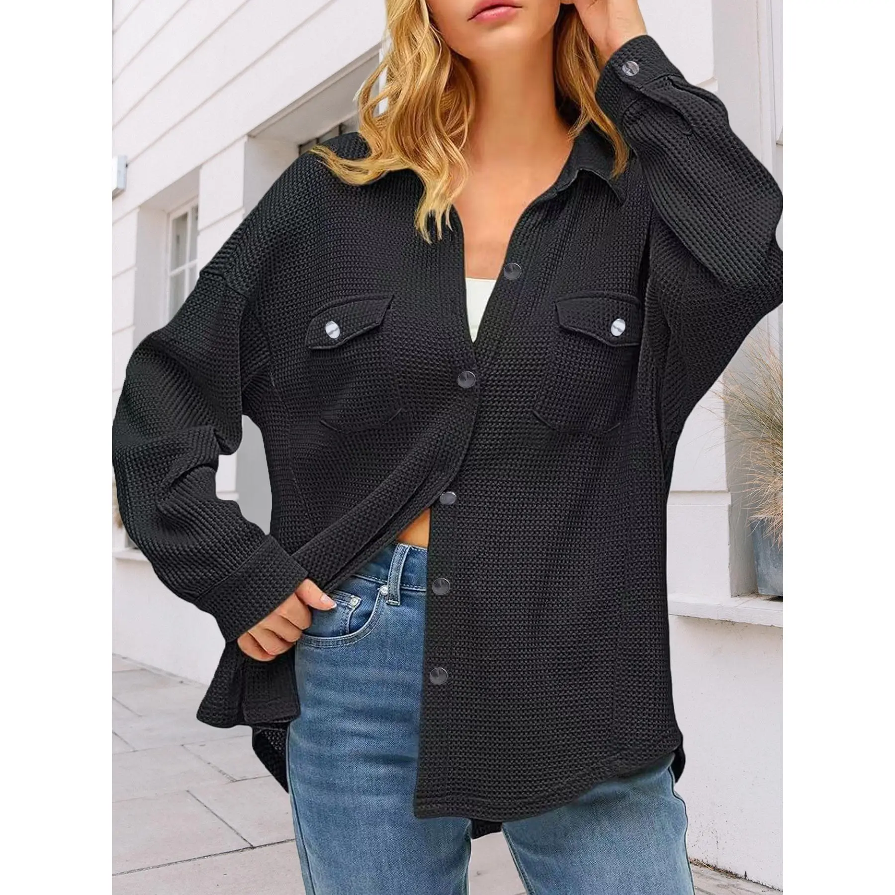 Women Waffle Knit Shacket, Oversized Lapel Long Sleeve Button Down Shirt Jacket Casual Top with Chest Pockets Coats Womenswear