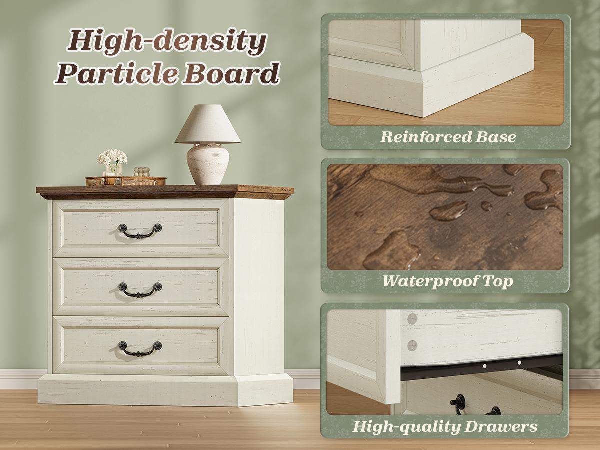 Huuger Nightstand with Charging Station, 3 Drawer Night Stand, 22 Inch Wider Side Table with Storage, Farmhouse Nightstand with Vintage Handles, Thicken Base, for Bedroom