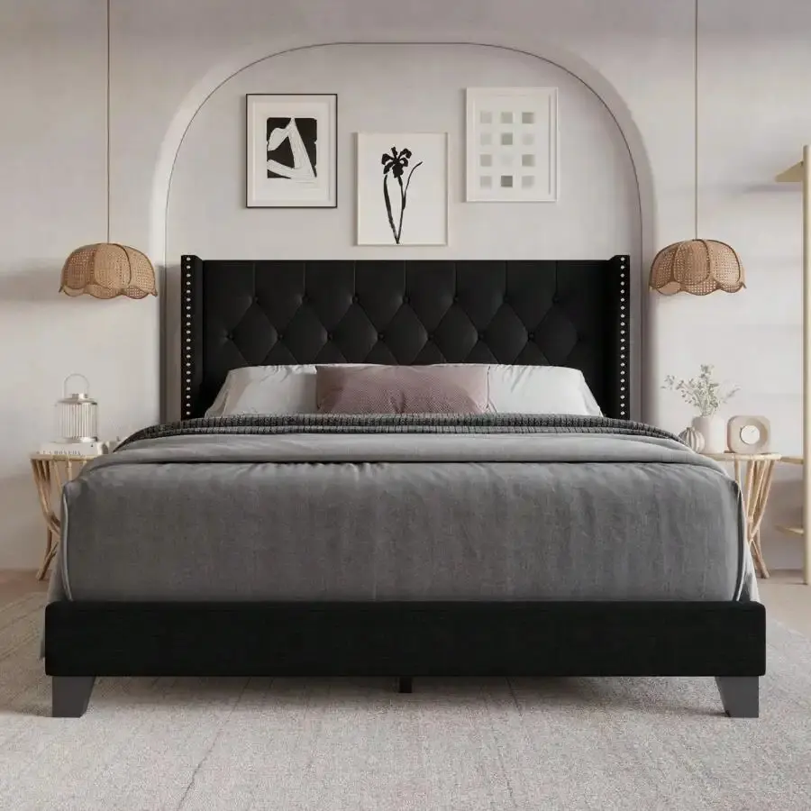 Queen Tufted Fabric Winged Upholstered Headboard - High-Density High-Quality Foam Padding, Sleep Aid, Classic Black, Easy Assembly Required, Bed Frame Compatible, No Fire Safety Label, for Bedroom Use,sohochic