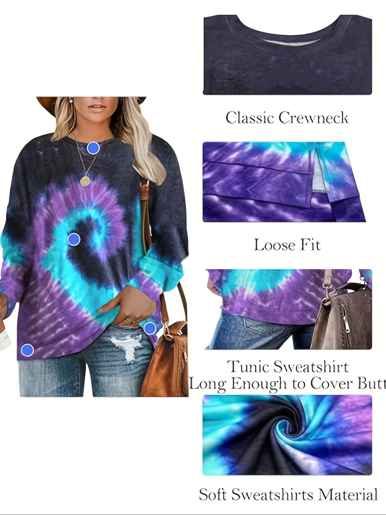Plus Size Women's Tie Dye Long Sleeve Pullover T-Shirt, Fall/winter Vibrant Print, Round Neck, Polyester Blend