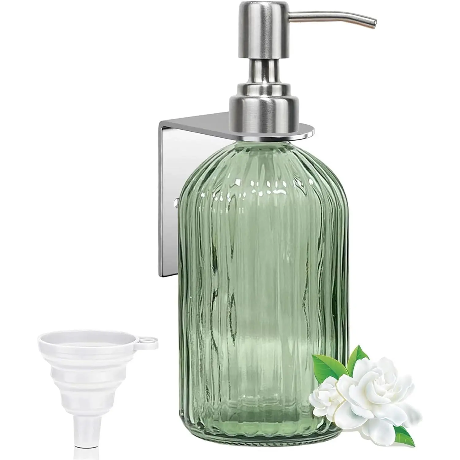 Green Shampoo and Conditioner Dispenser for Wall Mount, 14oz Clear Glass Shower Soap Bottle for Bathroom, Modern 1 Chamber No Drill, Easy Refill Hand Body Wash Dispensers with Stainless Steel Pump