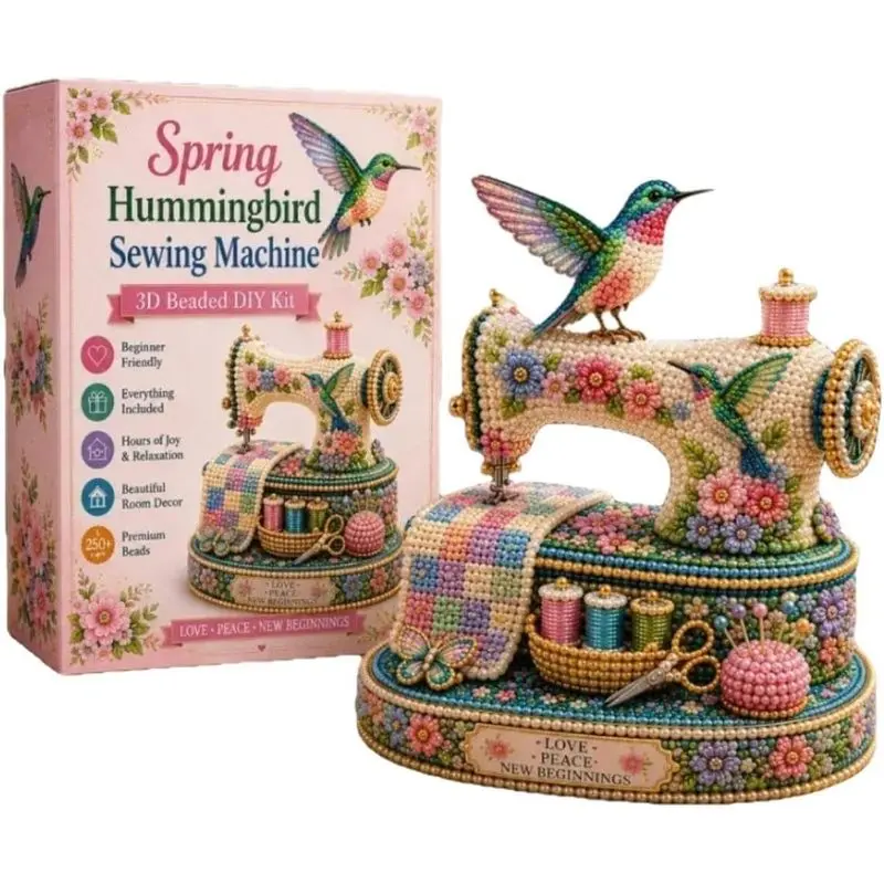 3D Beaded DIY Kit - Spring Hummingbird Sewing Machine Ornament, Hobbies Kit Adults, Stress-Relief Mindful Activity, Vintage Floral Beading Beads Handcraft Tabletop Decor, Beginner-Friendly Handcraft Gift