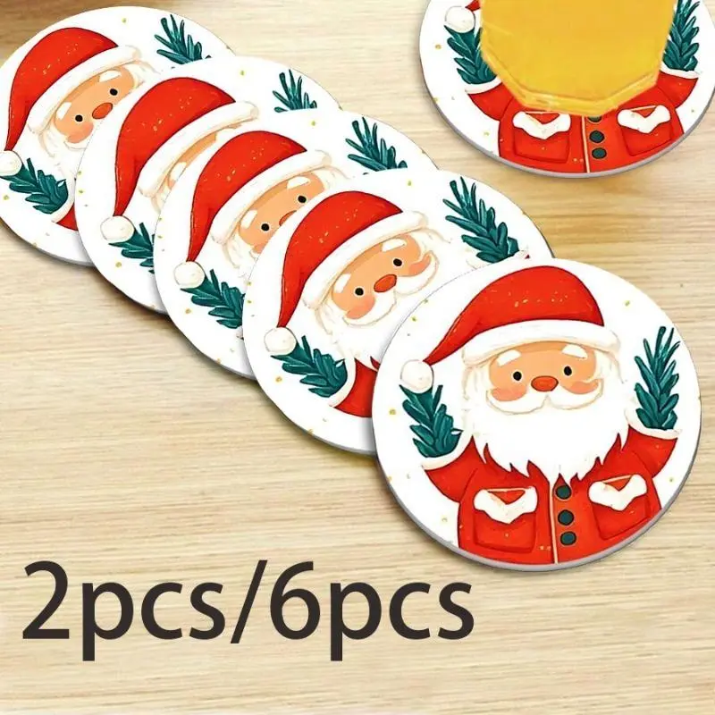Hot Rod Red Gloss Acrylic Paint Christmas Coasters - Round Cartoon Santa Claus 2-Piece Set, Water Absorbent, Heat Insulate, Holiday Decorations for Table & Car Cup Holders (Bag Accessories Cleaning & Care)