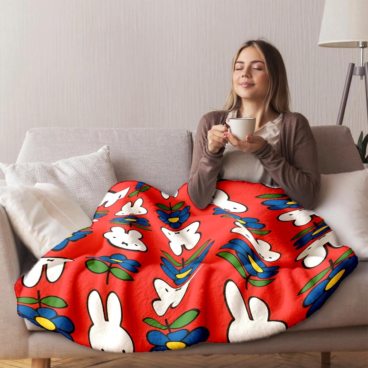 Miffy Rabbit Floral Flannel Cozy Blanket, Soft Lightweight Warm, 100% Fiber, Perfect for Bed Sofa Office Camping Travel Gift