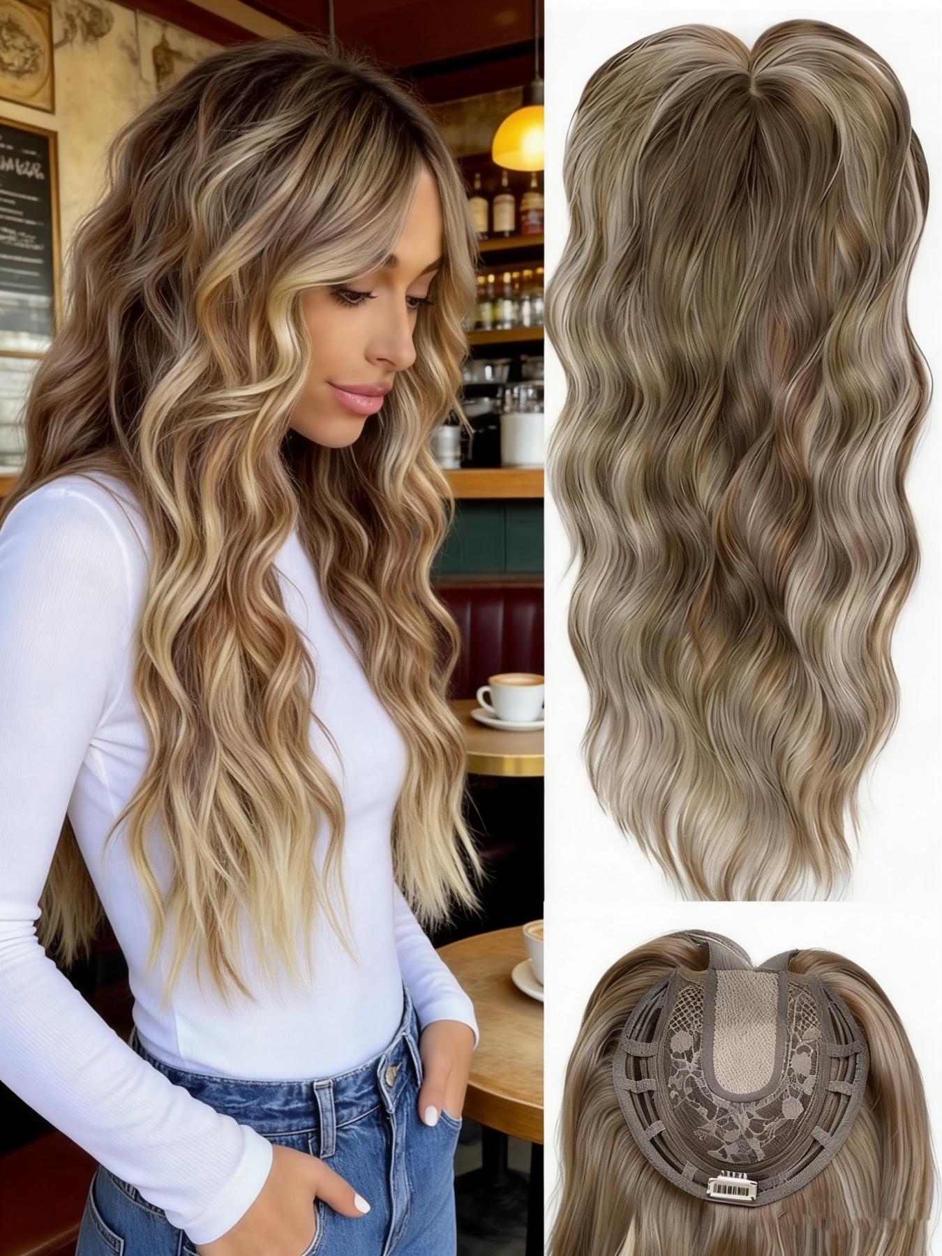 🔥 Instant Volume Boost! 22" Dark Brown Balayage Wavy Hair Topper, Clip-In Design, 100% Premium Kanekalon Synthetic, Seamless Blend for Thinning Hair & Daily Confidence!