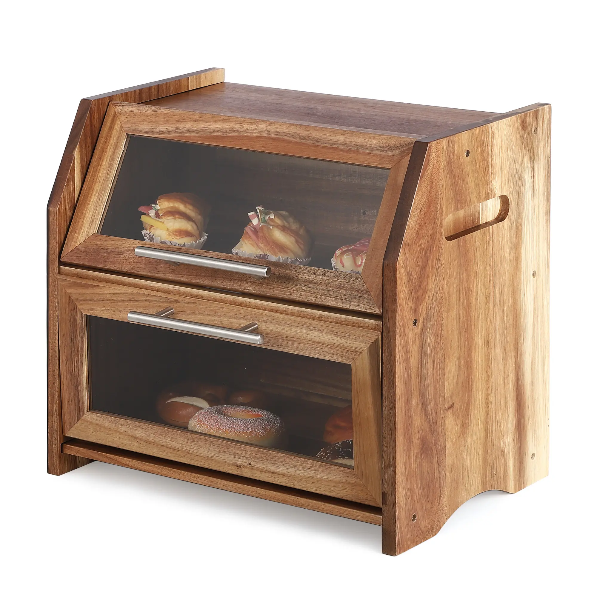 15.75-Inch Acacia Wood Bread Box, 2-Layer, Clear Viewing Window, Air Vents, Magnetic Door, Natural Finish