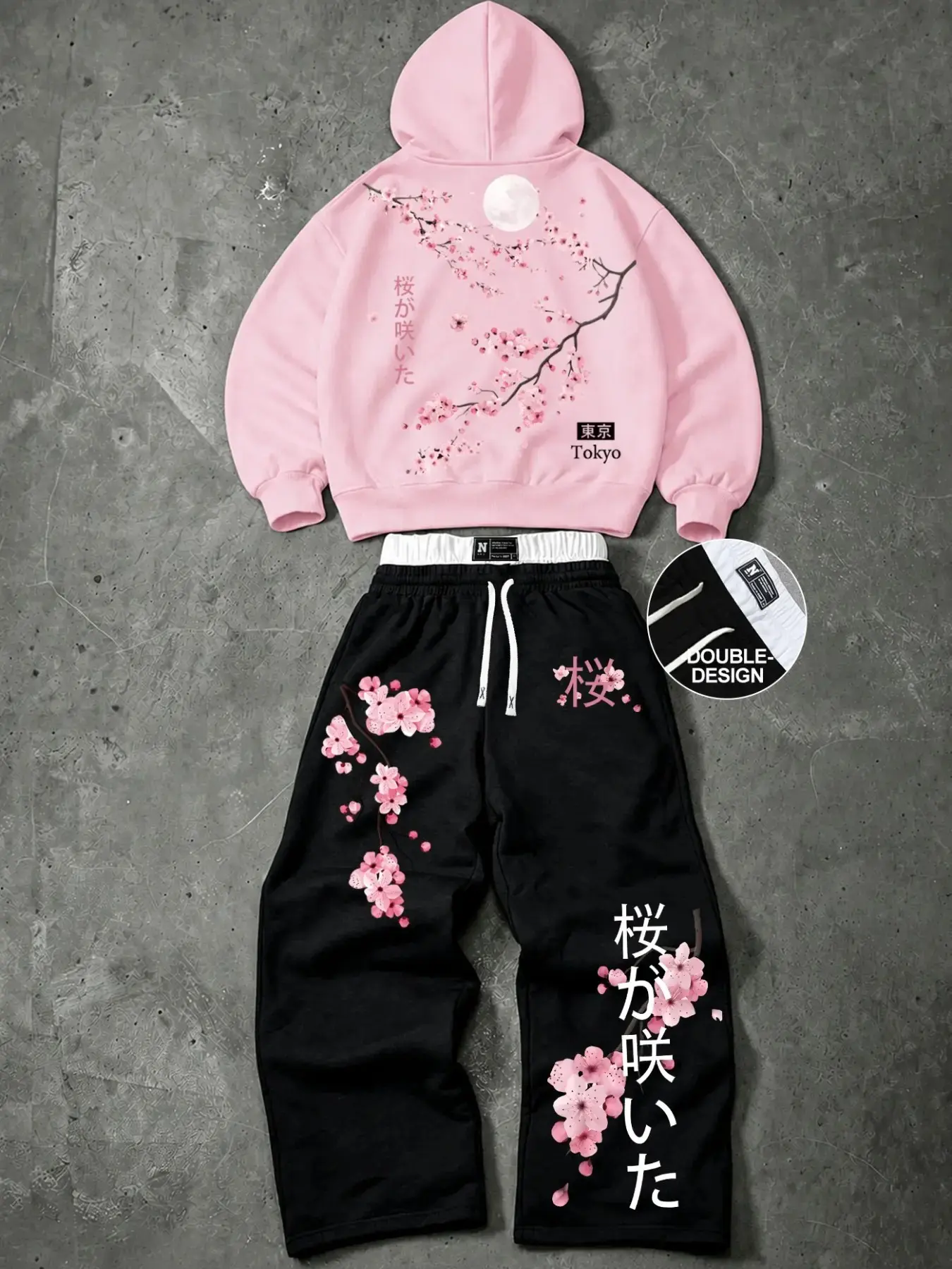 Men's Two-Piece Fashion Casual Set, Japanese Cherry Blossom Print Hoodie and Drawstring Wide Leg Pants, Spring Summer Fall Winter