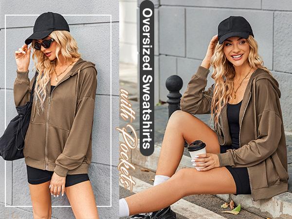 Women's Lightweight Hoodies Full Zip Up Oversized Sweatshirts with Pockets Long Sleeve Thin Casual Hooded Jackets