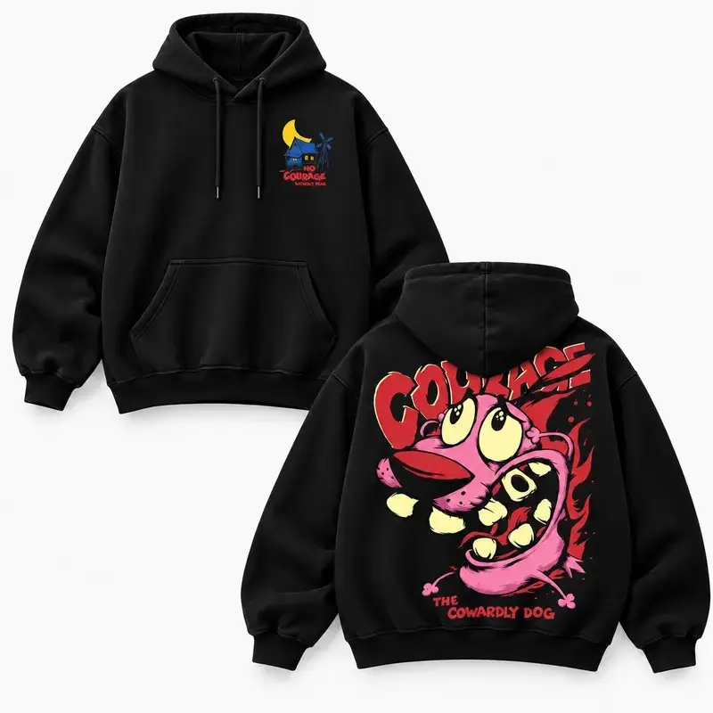 Courage the Cowardly Dog Vintage Washed Oversized Hoodie & Shirt, Double-Sided Cartoon Graphic Pullover, Retro 90s Y2K Streetwear, Soft Cotton Unisex Hooded Top, Cartoon Fan Gift