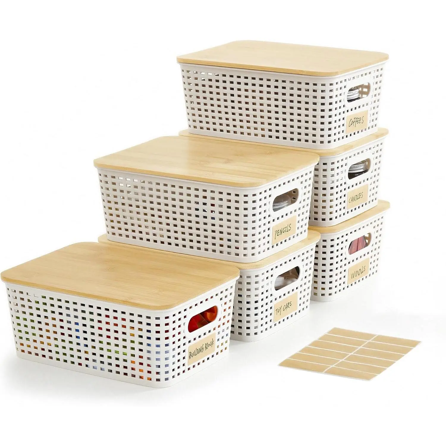 Small Plastic Storage Bins with   5.2qt Stackable Box Basket Pantry Decorative Containers Cute with Labels for Organizing Desktop Closet Office Cream White of 6 packs 10*7.2*4.1"