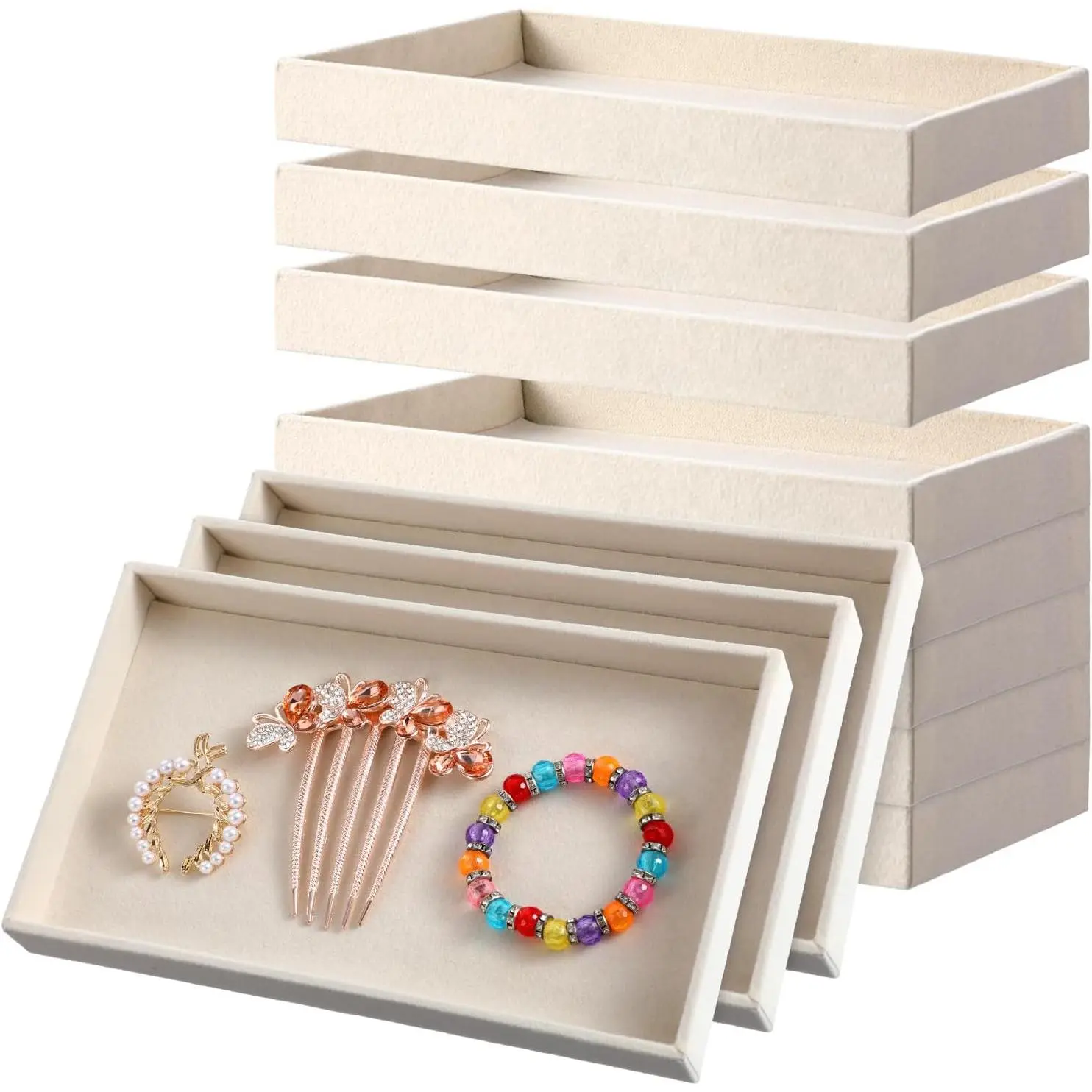 12 Pack 1 Grid   Trays, Stackable  Drawers Organizer Inserts, Beige  Storage Display Trays for Necklace, Earring, Ring, Bracelet, 8x4.6x0.91 Inches