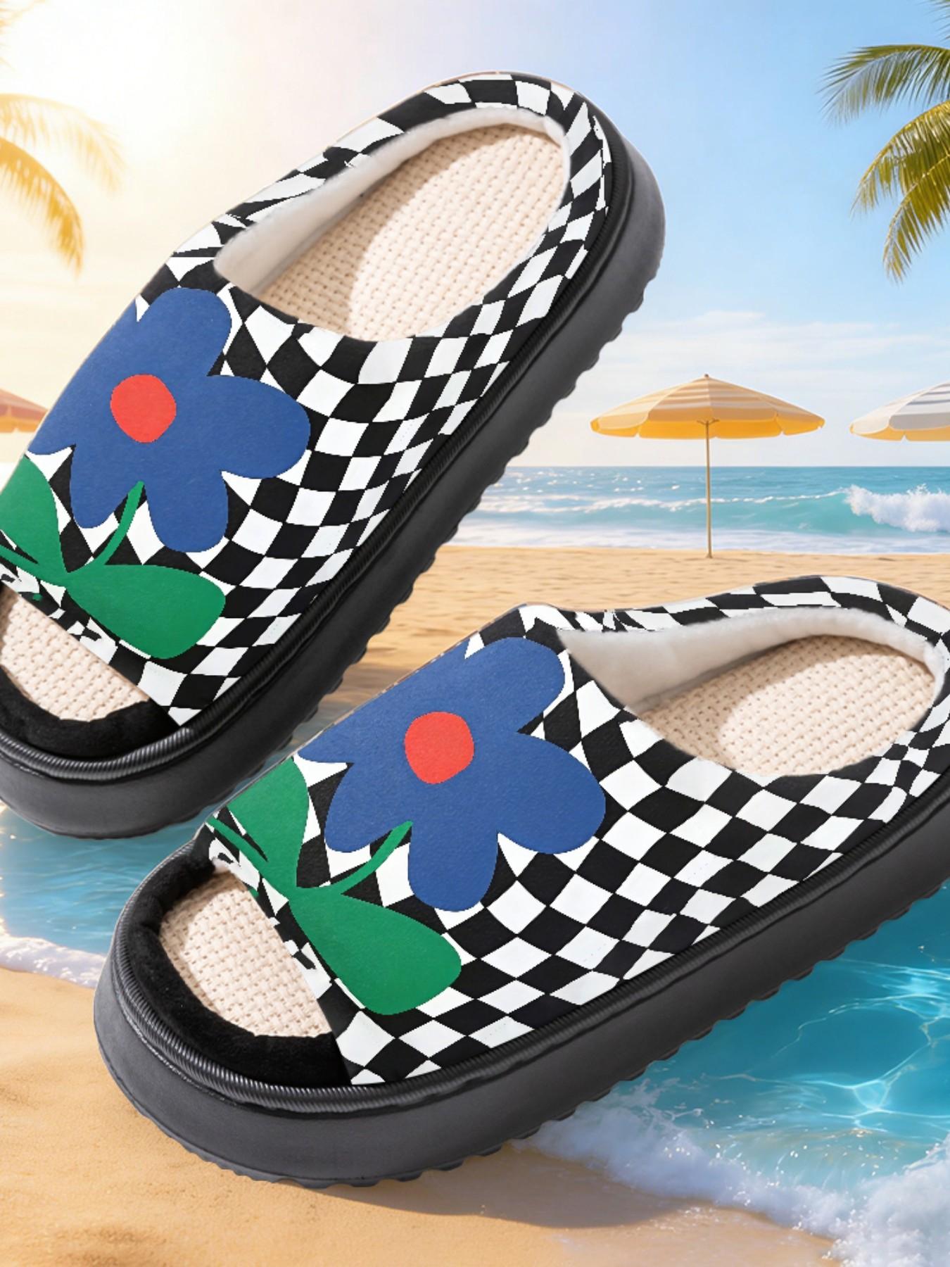 Blue Floral Unique Print Linen Open-Toe Sandals, Casual Textile Eva Sole, All-Season Less Than Ankle Height, Cartoon Pattern Design