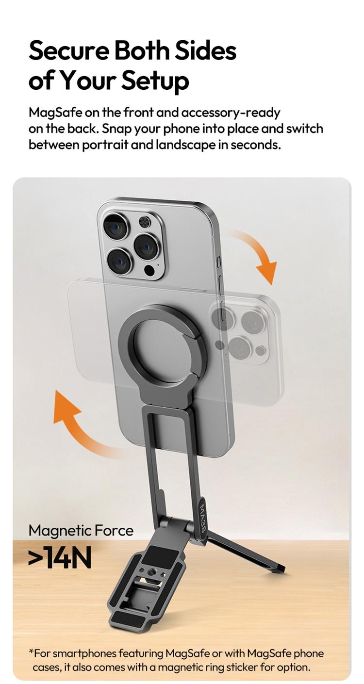 ULANZI Magnetic Phone Tripod for iPhone, MA38 Portable Phone Holder Mini Tripod for Magsafe with Double-Sided Strong Magnetic 1/4'' Arri Locating Hole Foldable Hook for iPhone 16 15 14 13 12