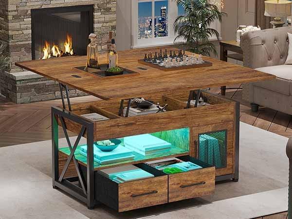 Sikaic 40 Inches 4 In 1 Lift Top Coffee Table With Storage Cabinet 2 Fabric Drawers & LED Light For Dining Room Livingroom Furniture Luxury Modern Interior