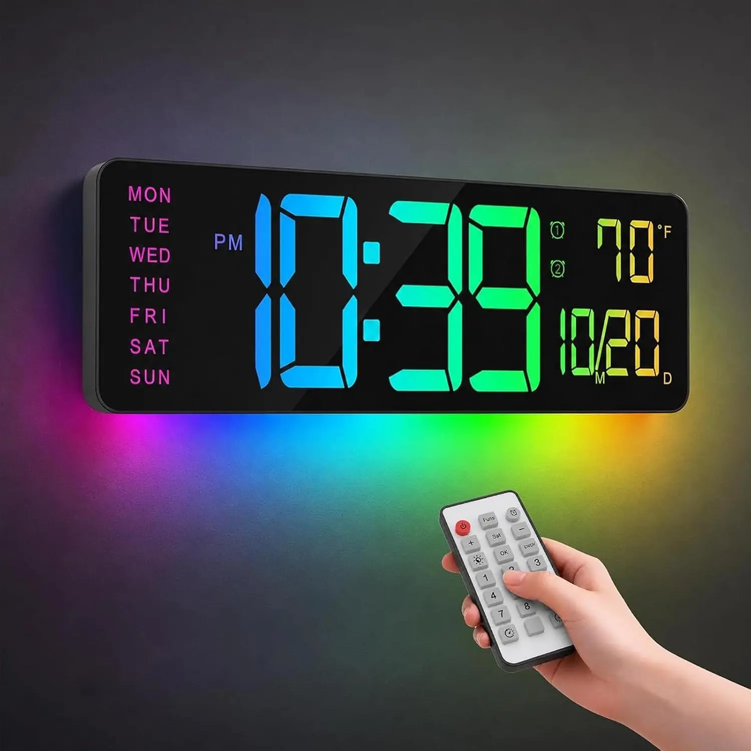 16" Large Digital Wall Clock for Classroom with RGB Remote Dual Alarm Timer Large easy-read for classroom seniors, RGB lights remote, dual alarm count up down timer, temp date auto DST, home office gym
