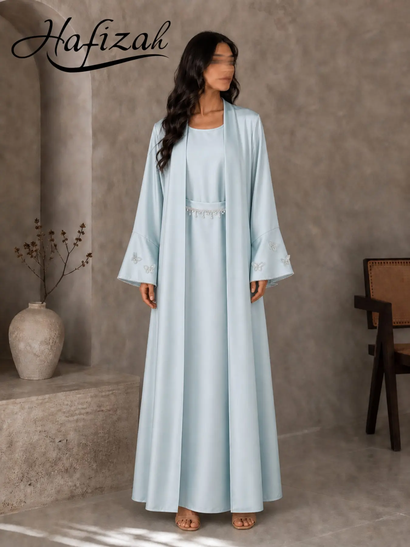 Elegant Muslim Robe Set, Women's Two-Piece Long Sleeve Open Front Kimono Dress, Luxurious and Formal, Ideal for Eid and Ramadan, Dubai Style