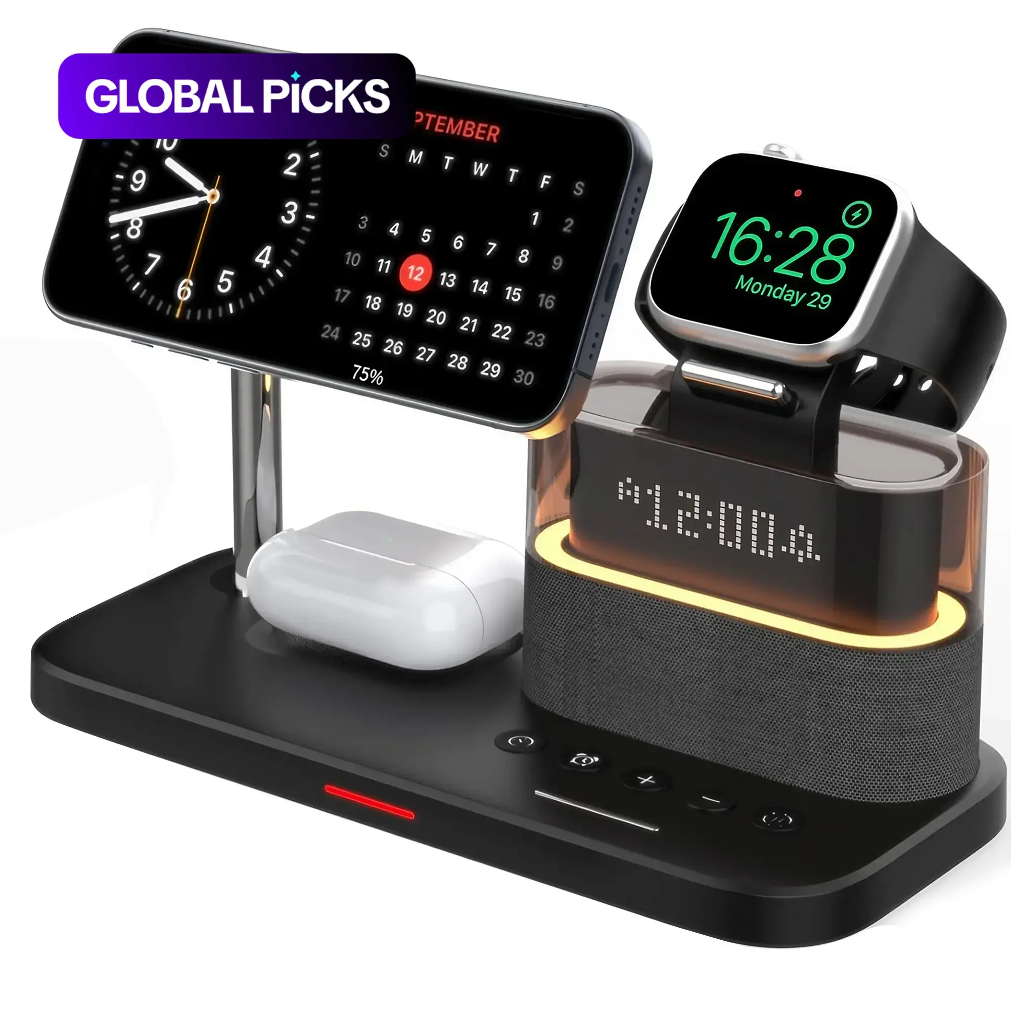 5-in-1 Wireless Charger with Clock, Magnetic MagSafe Charging Stand for iPhone, Apple Watch, AirPods and Other Smartphones, Black Charging Station and Dock, Smartwatch Accessories with Magnetic Charging Design, Electronic Gadgets #GLOBAL PICKS