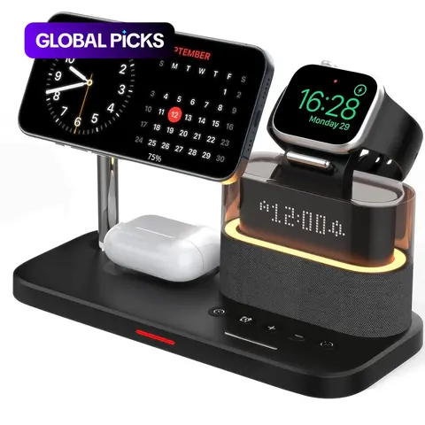 5-in-1 Wireless Multi Charging Station with Clock and LED Night Light, Charging Dock for iPhone, Apple Watch and AirPods #GLOBAL PICKS