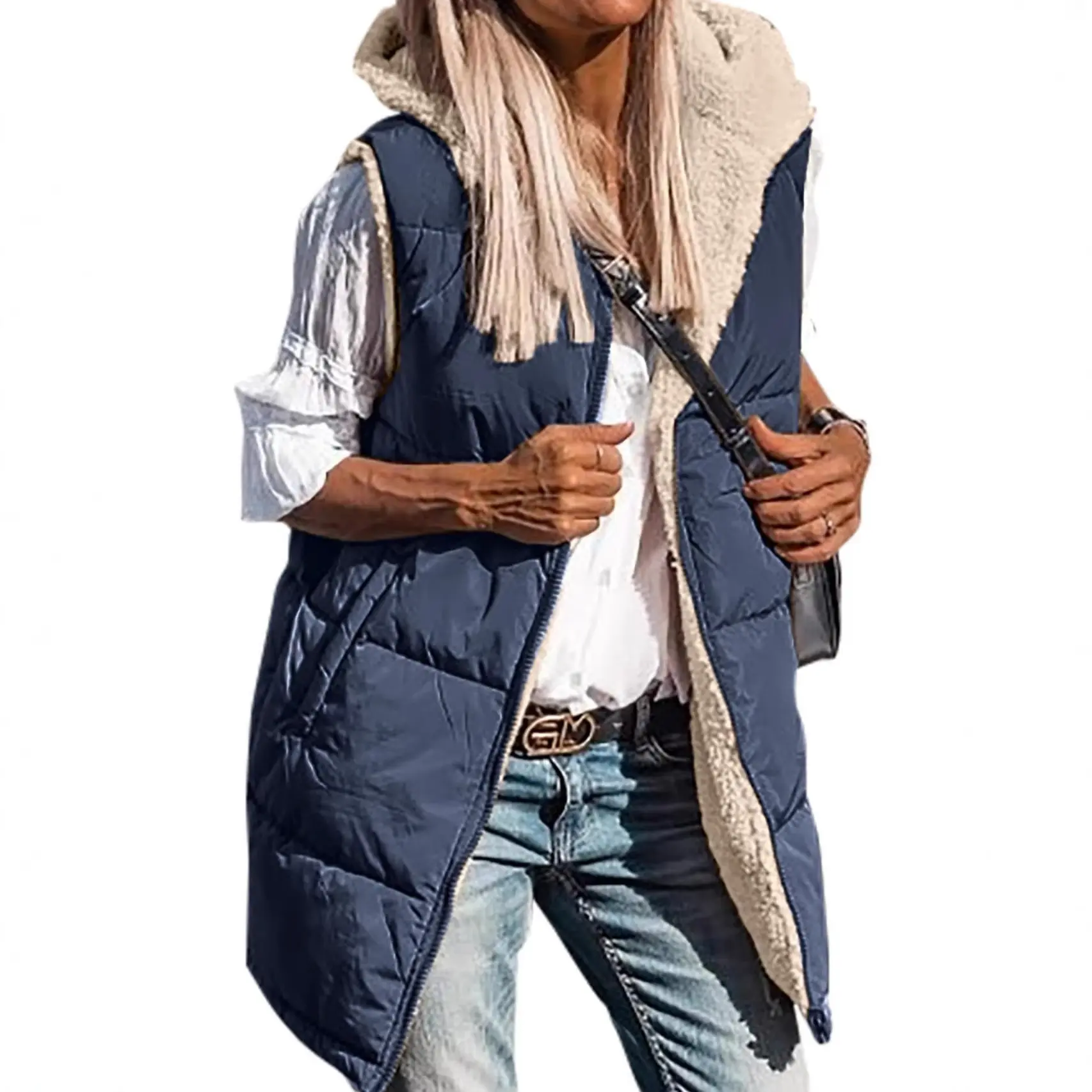 Long Puffer Vest Women Fleece Jacket Sleeveless Hooded Reversible Zip Up Winter Coat Fall Vests Outerwear