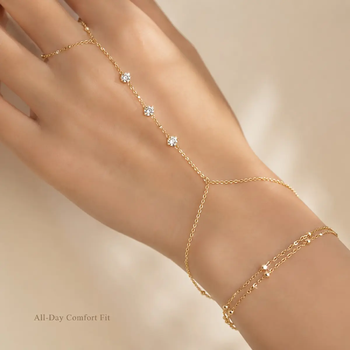 Women's 2-Piece Dainty Gold-Toned Hand Jewelry Set - Cubic Zirconia Finger Wrist Slave Bracelet & Double Layer Beaded Bracelet, Adjustable Layering Accessory for Date Night, Daily Wear, Elegant Gift