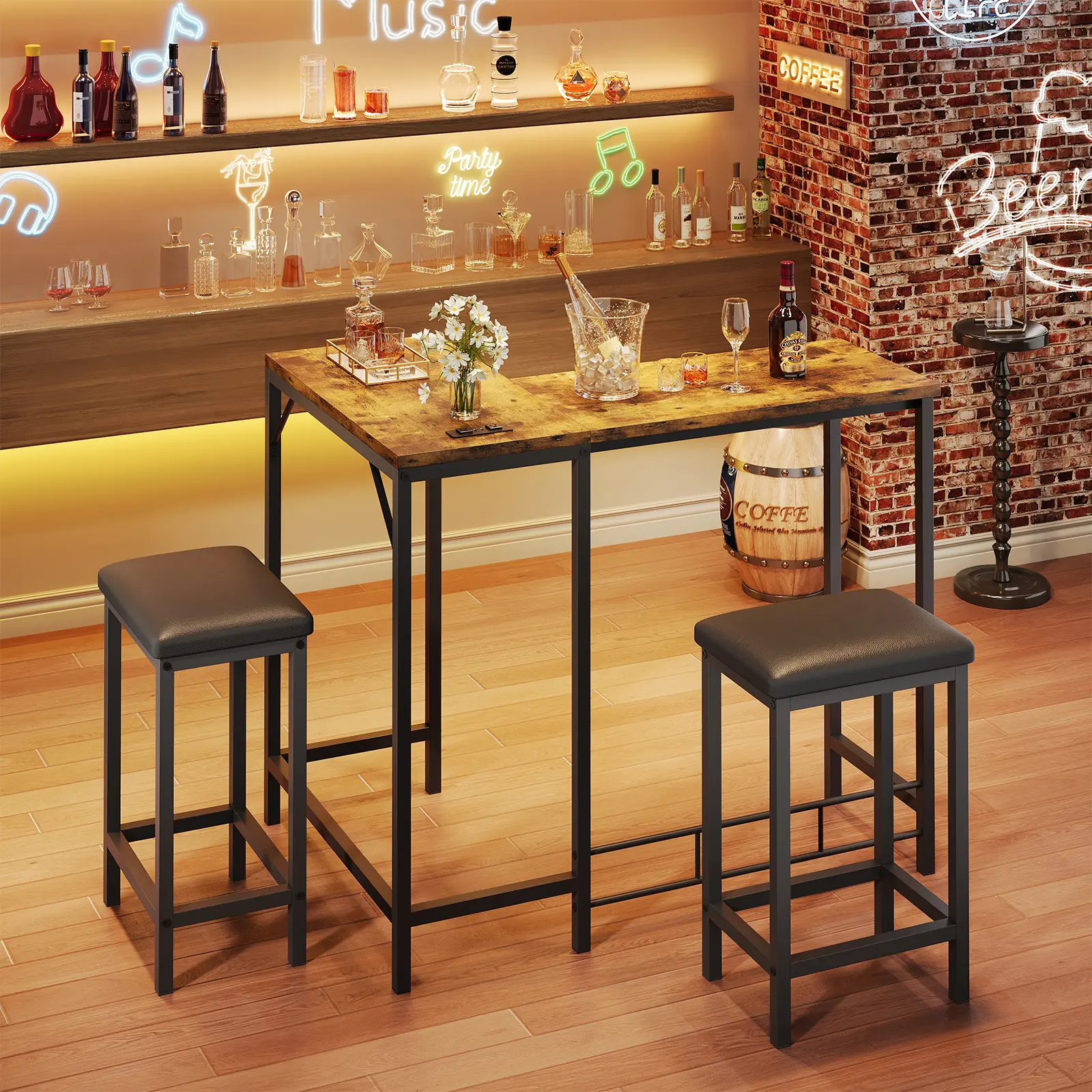 L-Shaped Convertible Dining Set - 63 Inch Bar Table with Built-in Power Outlets - 3-Piece Counter Height Breakfast Nook with 2 Stools - Space-Saving Furniture for Kitchen Corner, Seats 2-4