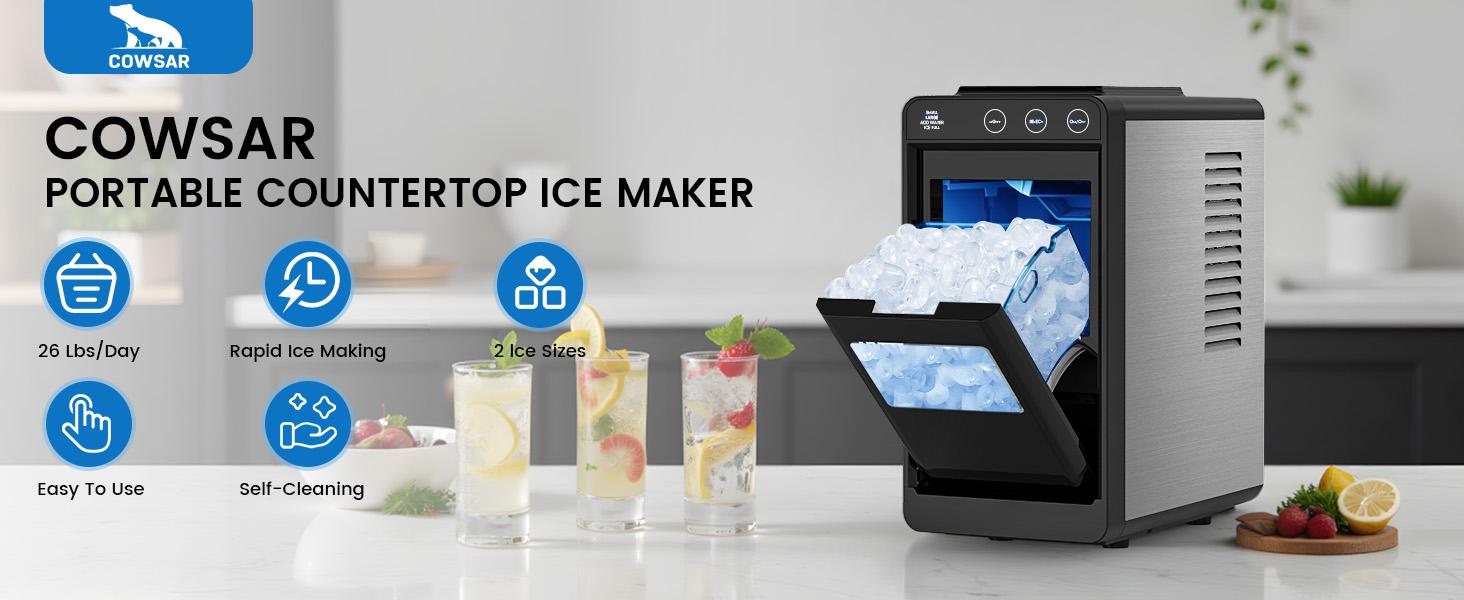Cowsar Countertop Bullet Ice Maker Machine with Self-Cleaning & Light, Fast Ice Making, LED Control, Pull-Out Ice Drawer, Compact Portable Ice Maker for Home & Kitchen