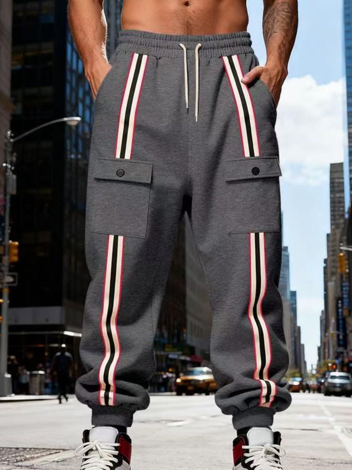 Men's Striped Cargo Jogger Pants, Casual Drawstring Waist Sweatpants, Flap Pockets, Streetwear Track Pants for Men, Comfortable and Stylish