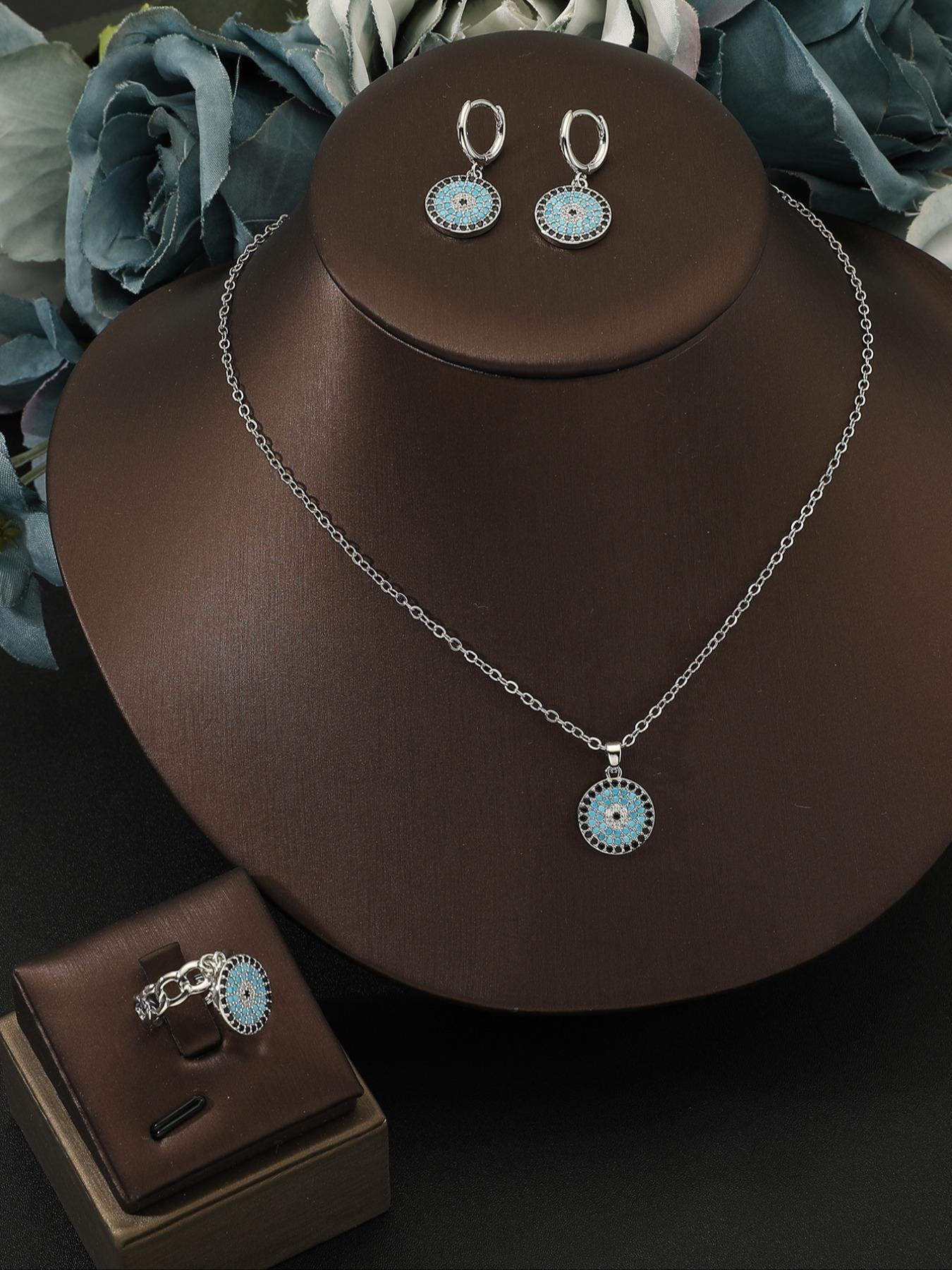3 Piece Set Silver Color Turkish Evil Eye Blue Zircon Necklace Earrings Ring Set, Women's Party Wedding Luxury Jewelry Gift