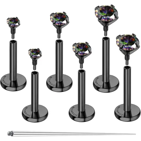 CASSIECA 3Pairs G23 Titanium Flat Back Earrings Hypoallergenic 14K Plated Gold Filled Internal Thread Stud Earring 16G 18G Cartilage Helix Tragus Conch Piercing Jewelry Nose Lip Labret Studs for Women Men Flatback Post, Cubic Zirconia Sohochic