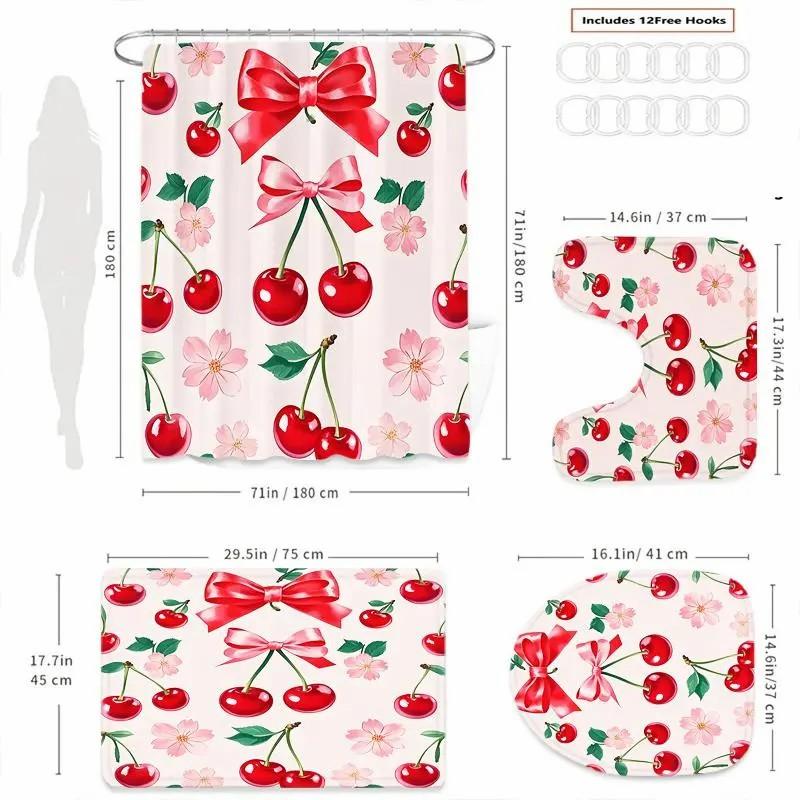 Cherry bow pattern shower curtain set, non-slip mat, U-shaped rug, toilet seat cover, perfect for bathroom decoration accessories, beautifies the space, includes 12 shower curtain hooks.