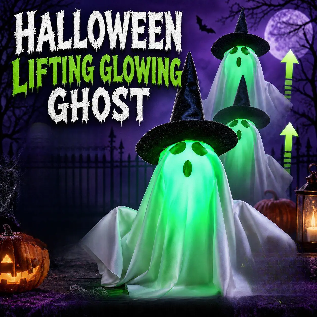 Halloween Interactive Ghost Decoration, Sound and Touch Activated Floating Ghost with Green Glowing Face, Up-Down Shaking Spooky Ghost Prop for Tabletop Party Haunted House Home Decor