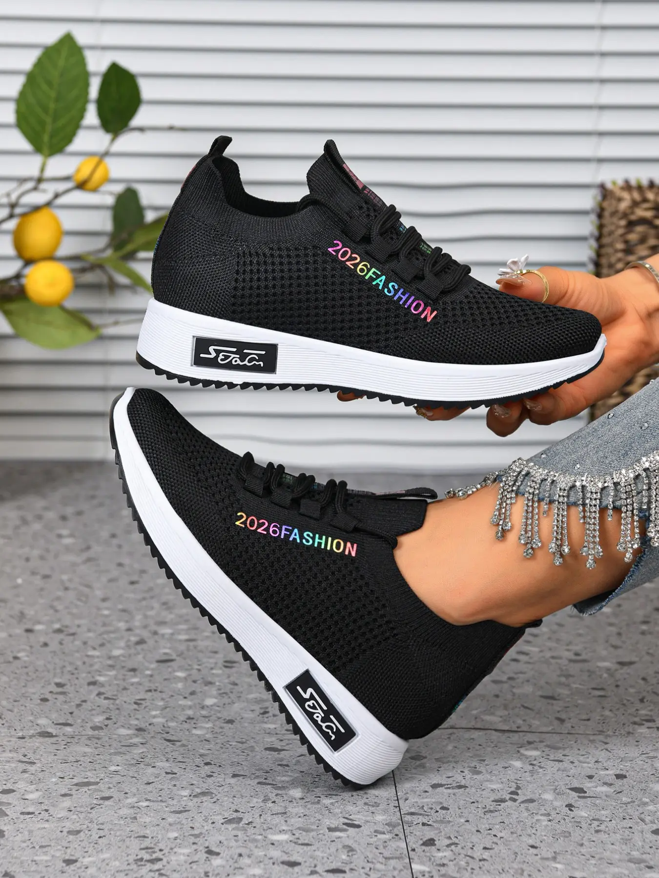 Women Low Top Knit Sneakers, Trendy Trainers, Letter Print Lace Up Platform Casual Shoes, Round Toe Hollow Knitted Fashion Lightweight Daily Outdoor Street Travel Walking Footwear for Ladies