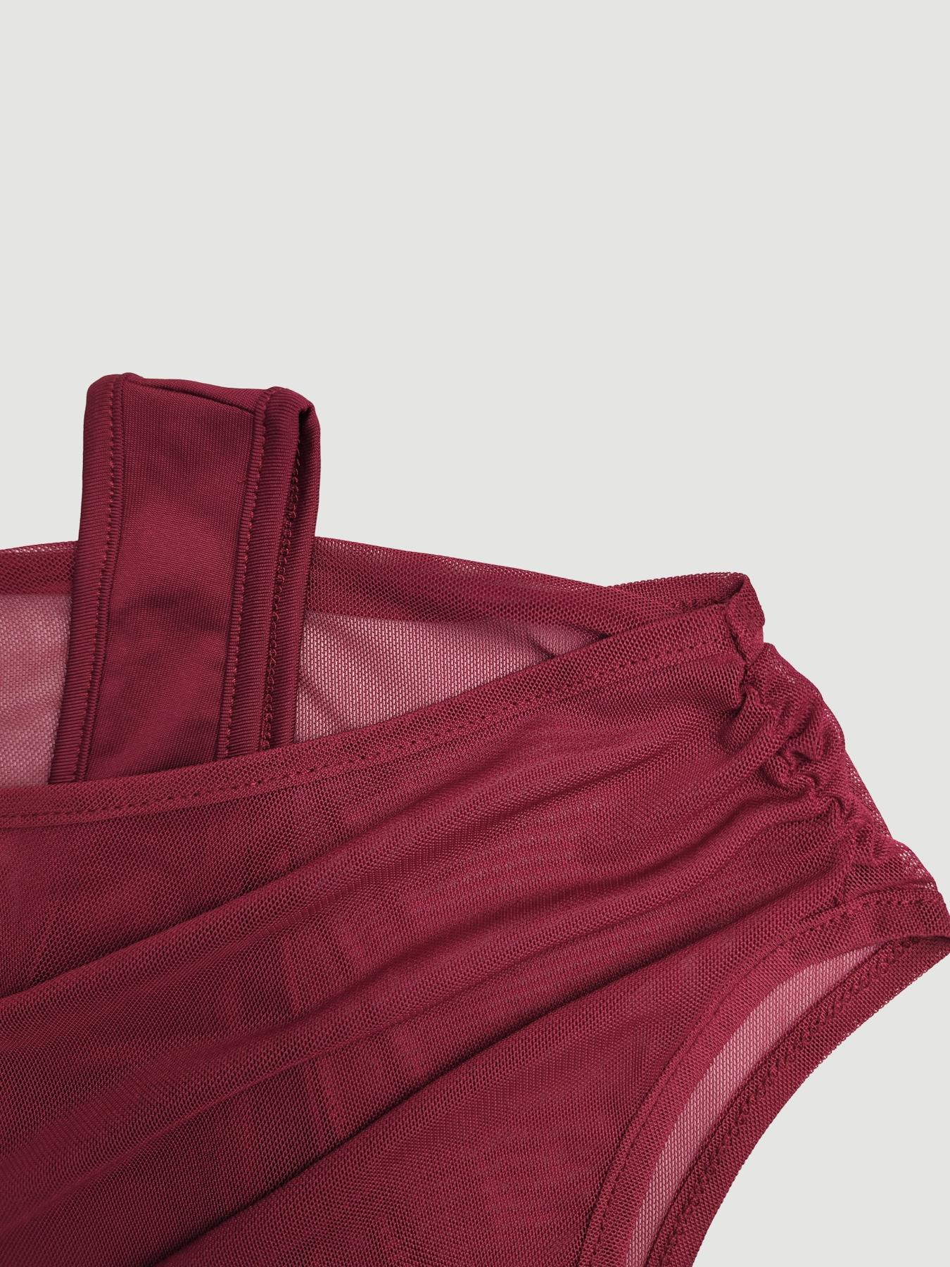 1 Spring Summer Off Shoulder Mesh Crop Top Women | Burgundy Sleeveless Ruched Asymmetric Top with Lining | Y2K Baddie Coquette Style for Date Night Club Party Wear