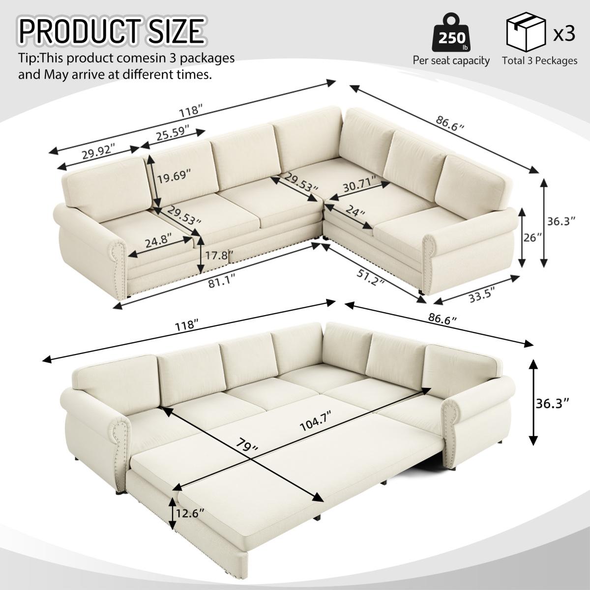 118 in Oversized L-Shaped Chenille Fabric Sectional Sofa with Pull-Out Bed, 6-Seater Couch with Nailhead Trim, Spacious Guest Option for Living Room, Beige/White