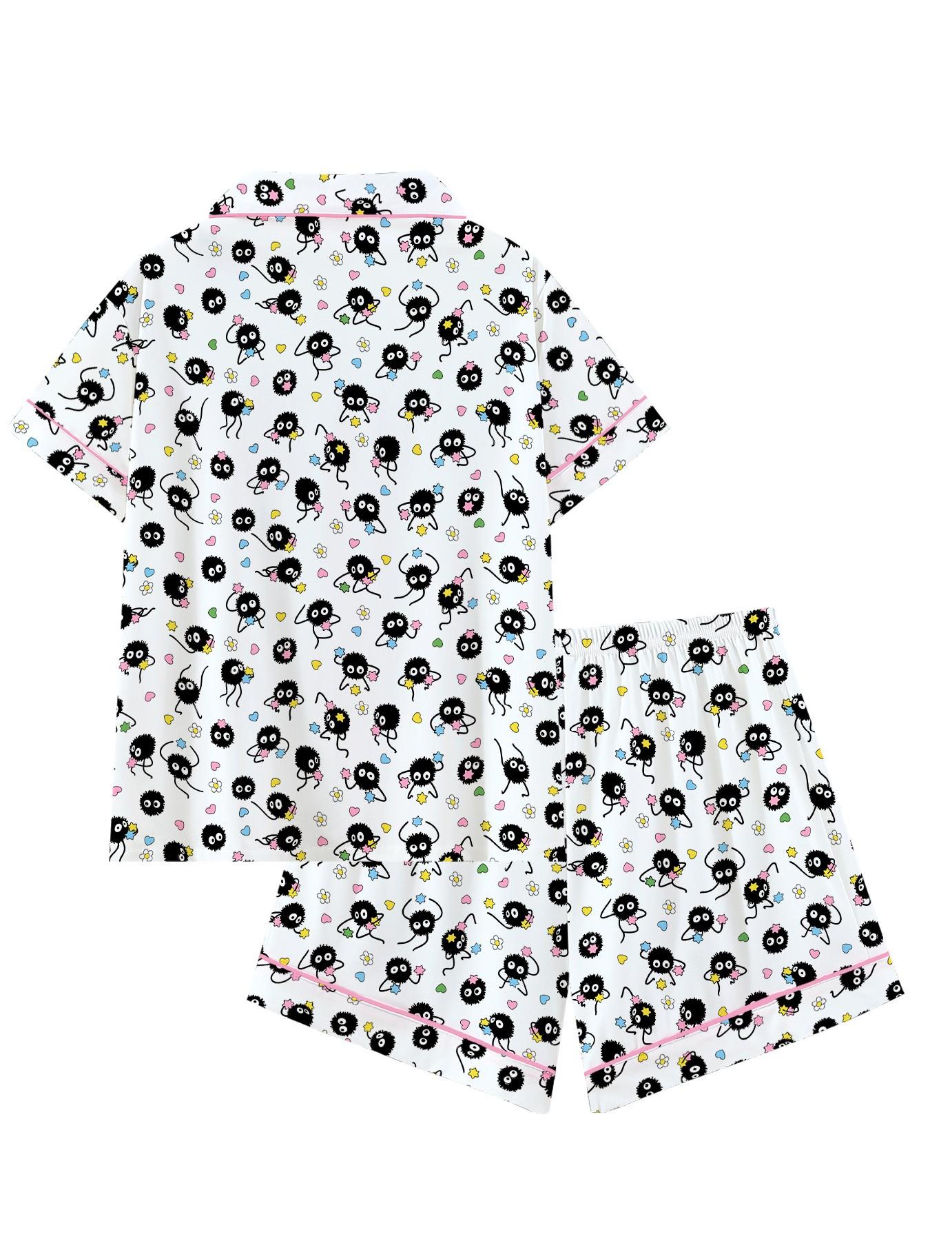 Women's Cartoon Fairy Print Pajama Set, Soft Comfortable Wear-Outside Sleepwear, Short Sleeve Button-Up Top and Elastic Shorts, Casual Home