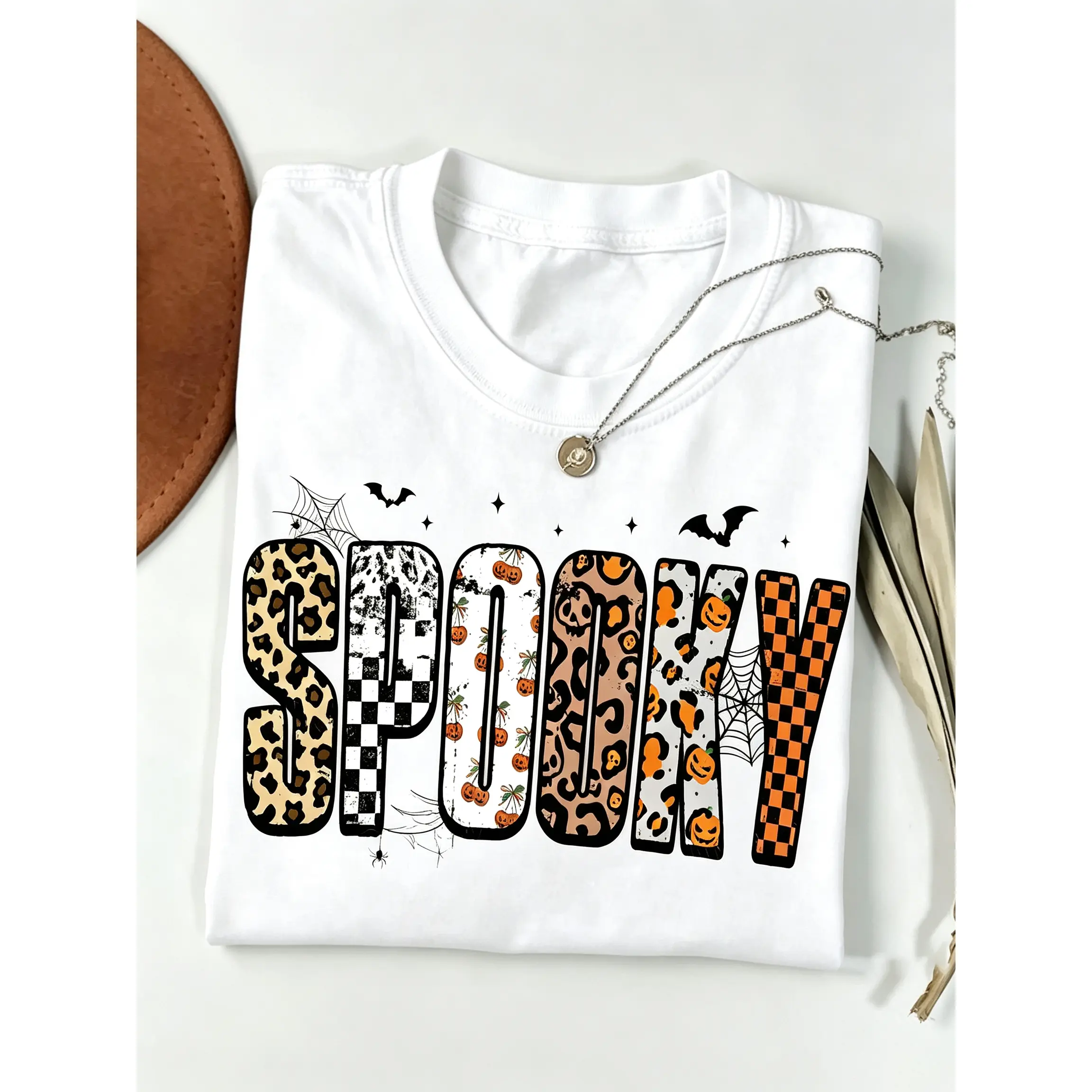 Halloween Spooky Shirt, Personalized Halloween Leopard Checkered Fall, Spooky Shirt, Halloween Girly Tee, Fall Shirt
