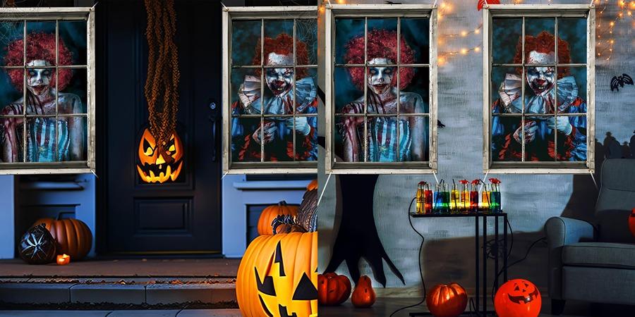 2/3 Pcs Halloween Window Cover Decoration, Bloody Creepy Clown Scene Curtains for Haunted House, Reusable Fabric Horror Decorations for Indoor Outdoor Party, 31 x 47 Inches