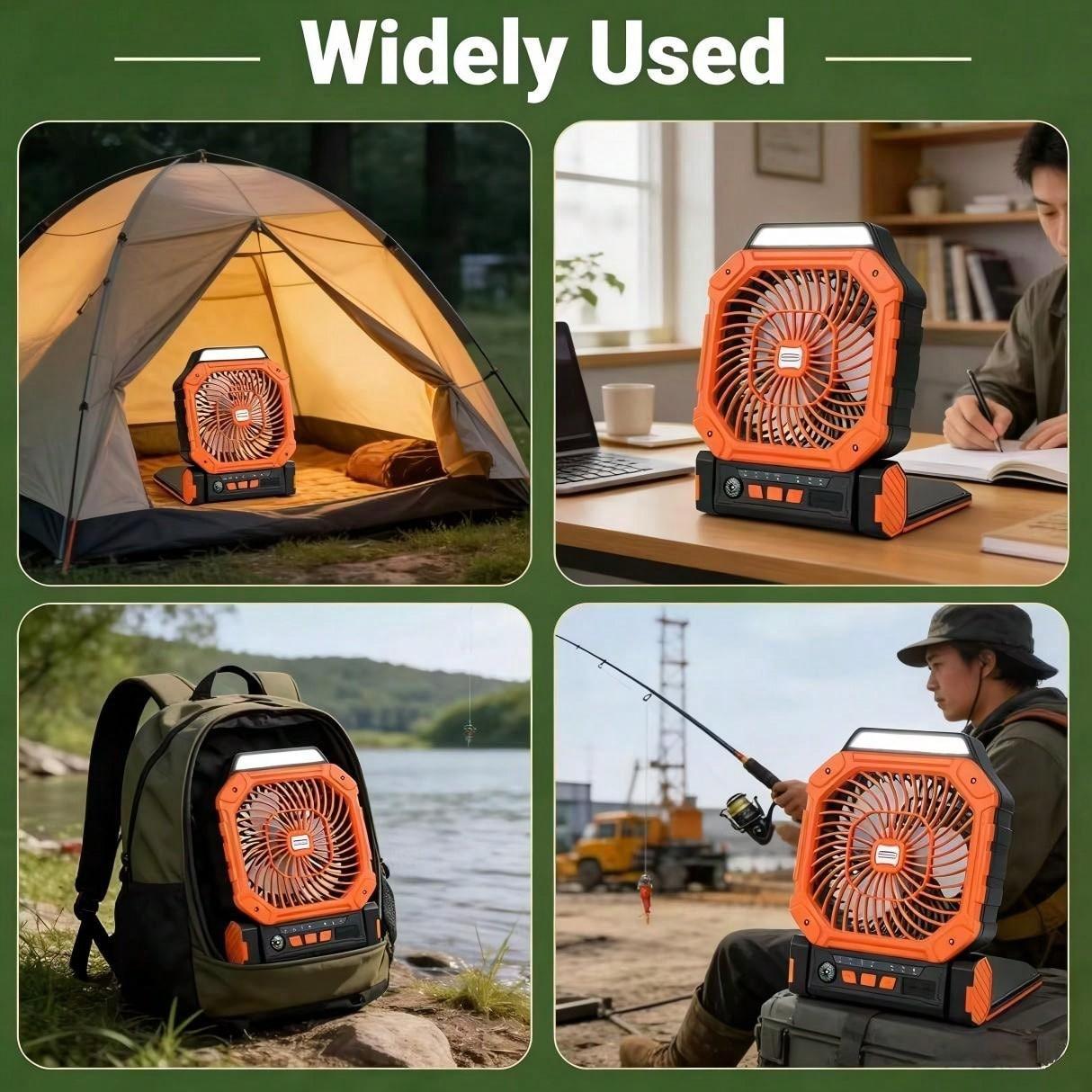 New Solar Powered Outdoor Fan with Solar Panel, Portable USB Charging, 4 Speeds, 3 Light Modes, Ultra Quiet, Timer, Camping Tent Fan