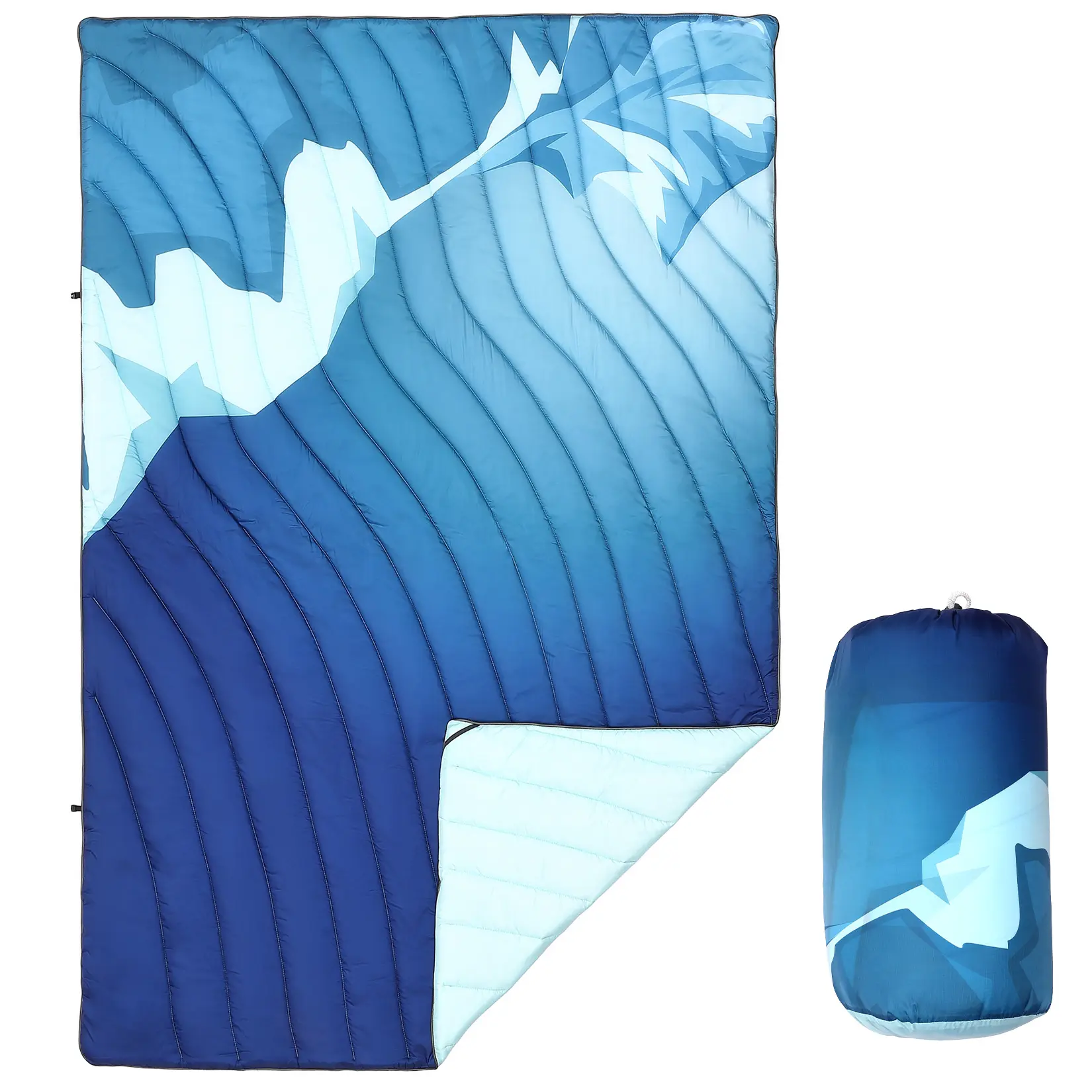 Waterproof & Lightweight Quilted Camping Blanket - Durable Nylon Outdoor Throw for Hiking, Picnic, Stadium, Beach - Blue Mountain design, Large 79"x55"