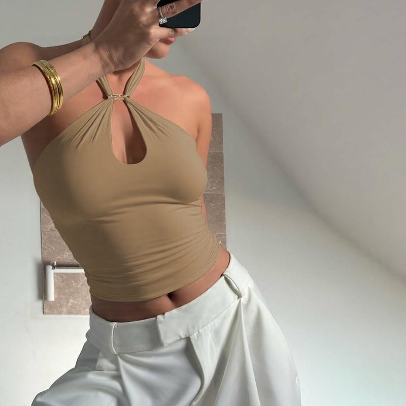 Women’s Backless Halter Neck Tank Top, Solid Fitted Sleeveless Top for Casual Summer Daily and Outdoor Wear