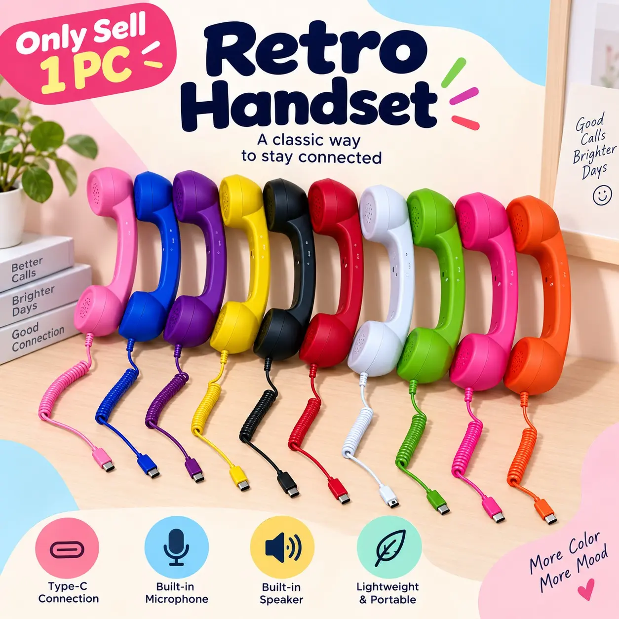 1Pc Retro Phone Handset, Vintage Wired Type-C Receiver, Built In Microphone & Speaker, For Smartphone Calls, Video Meetings & Content Shooting